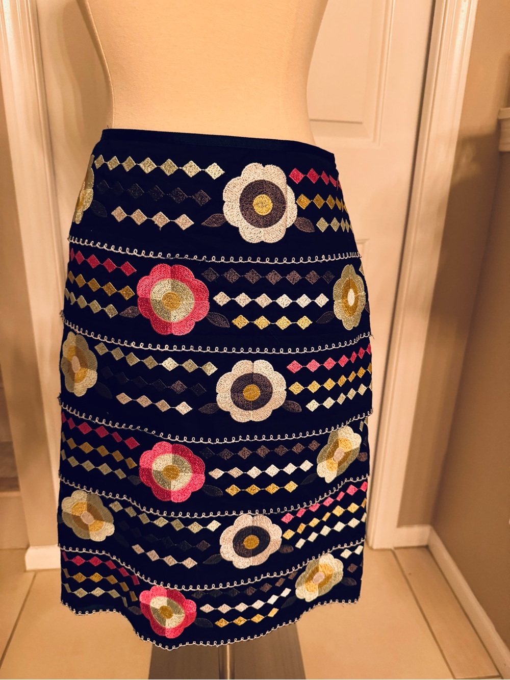 Etcetera Black Pencil Skirt with Pink, White & Gold Floral Embroidery
